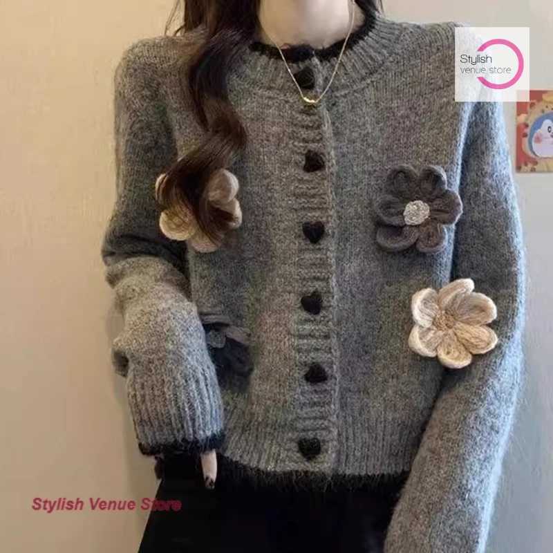 French style three-dimensional flower love button knitted cardigan womens autumn and winter new single-breasted sweater coatT251125