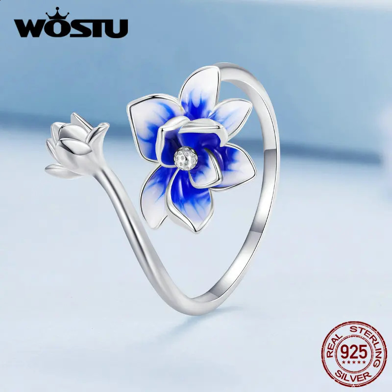 WOSTU Real 925 Sterling Silver Unique Lotus Open Rings For Women Blue Enamel Statement Flower Ring Wedding Party Jewelry Gift 250425