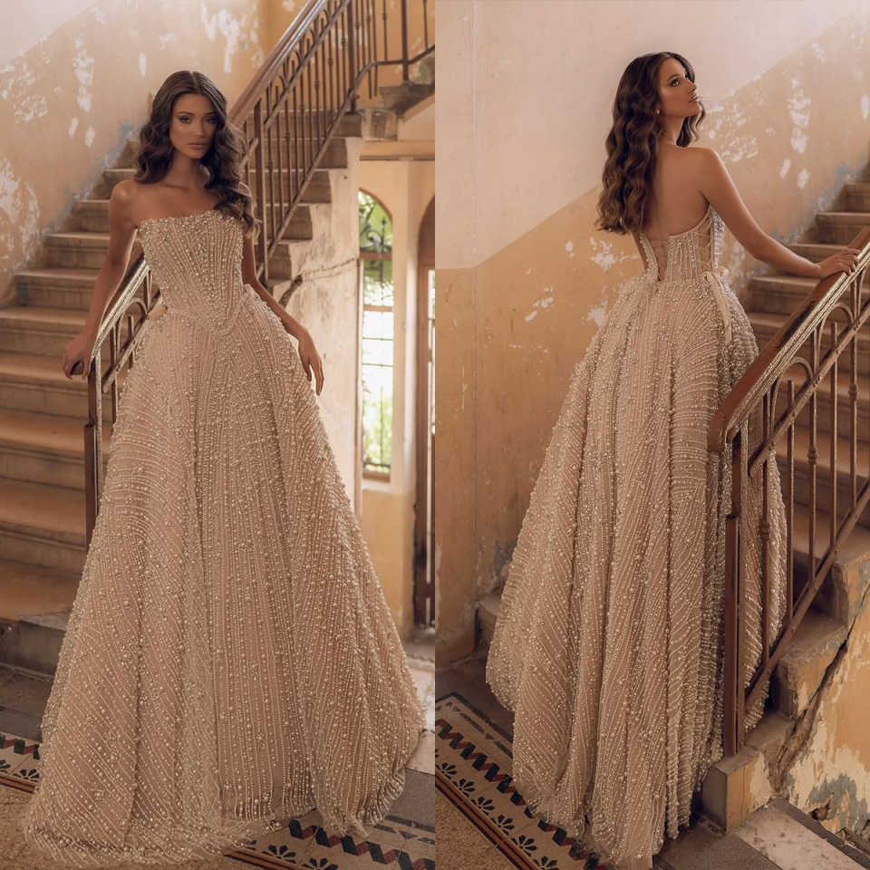 Gorgeous A Line Women Wedding Dress Strapless Sleeveless Bridal Gowns Pearls Lace Up Sweep Train Dress Custom Made