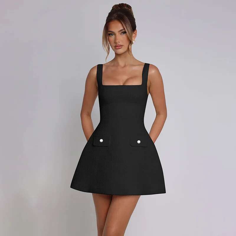 Dongdumaoyi Townlike Pockets Waist Wrap A Line Dress Women Spaghetti Strap Mini Summer Backless Nightclub Sexy Party Dresses