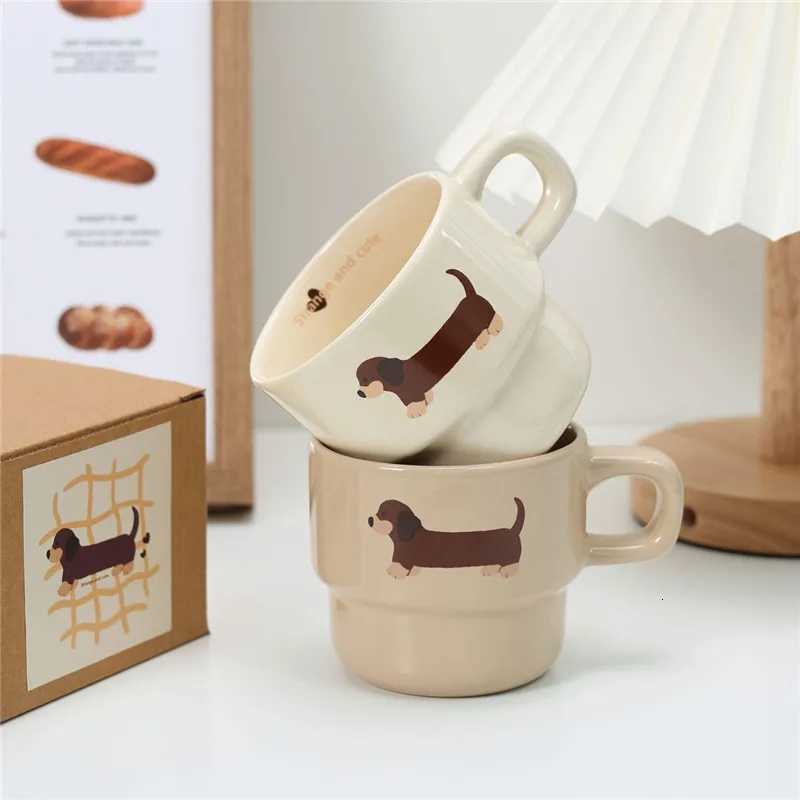 Cute Puppy Cartoon Cup with Coaster Cute Dachshund Cup Mat Ceramic Mug Water cup Breakfast Milk Mug Creative Christmas Gift Y251125