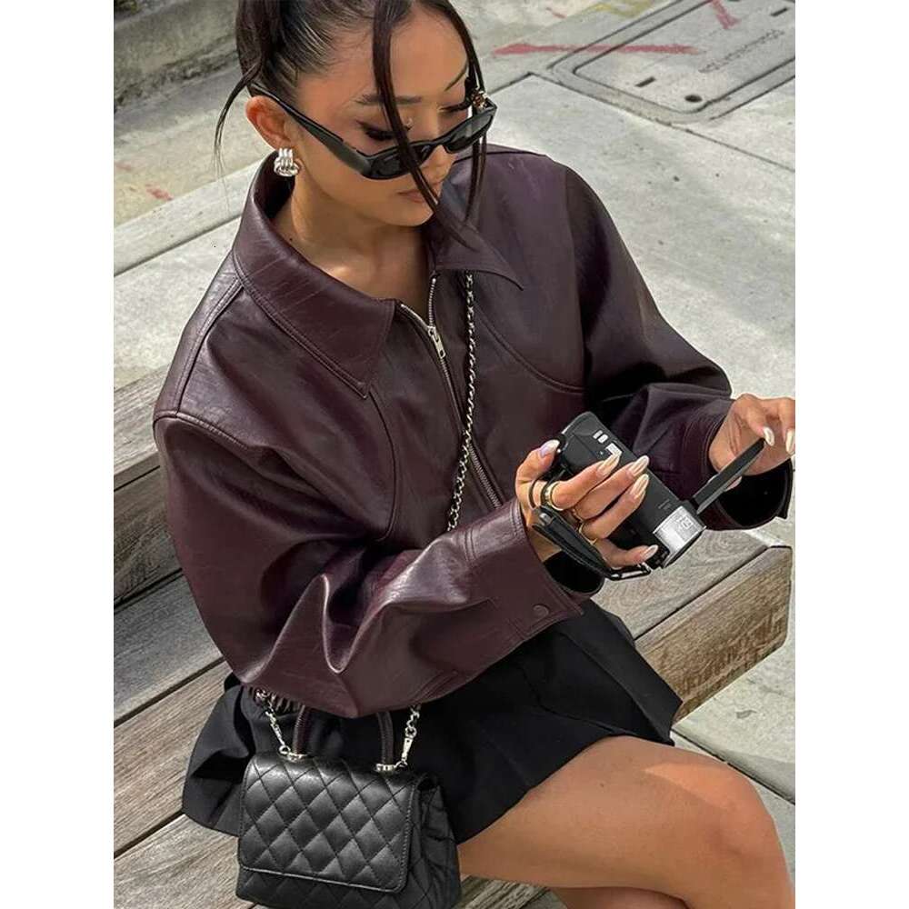 Faux Leather Short Jacket For Women Zipper Long Sleeve Lapel Moto Biker Street Coats Female 2024 New Chic Outwear Top