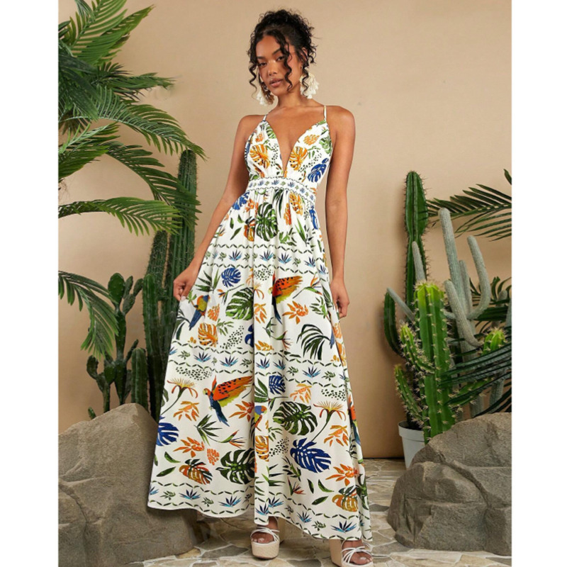 Beach Resort Dresses: Women's Bohemian Summer Dress - Tropical Printed Long Skirt for Casual Beachwear, Leisure, and Vacation Style C260312