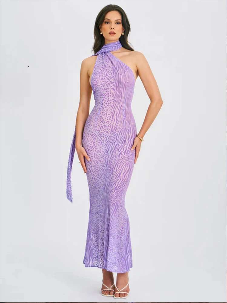 Dongdumaoyi Townlike Leopard Print Mesh Sexy Party Dress Women One Shoulder Summer Backless Slim Bodycon Maxi Long Dresses