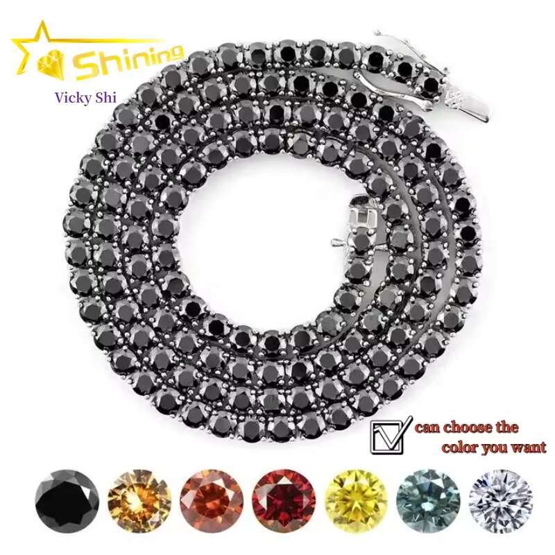 925 Sterling Silver GRA Certificated 3mm 4mm Black Moissanite Tennis Chain Pass Diamond Tester Hip Hop Tennis Necklace