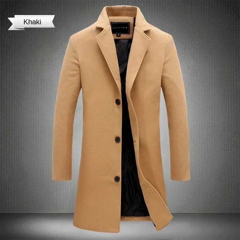 9 Colors Autumn New Long Cotton Coat Wool Blend Pure Color Casual Business Fashion Mens Clothing Slim Windbreaker JacketT251125