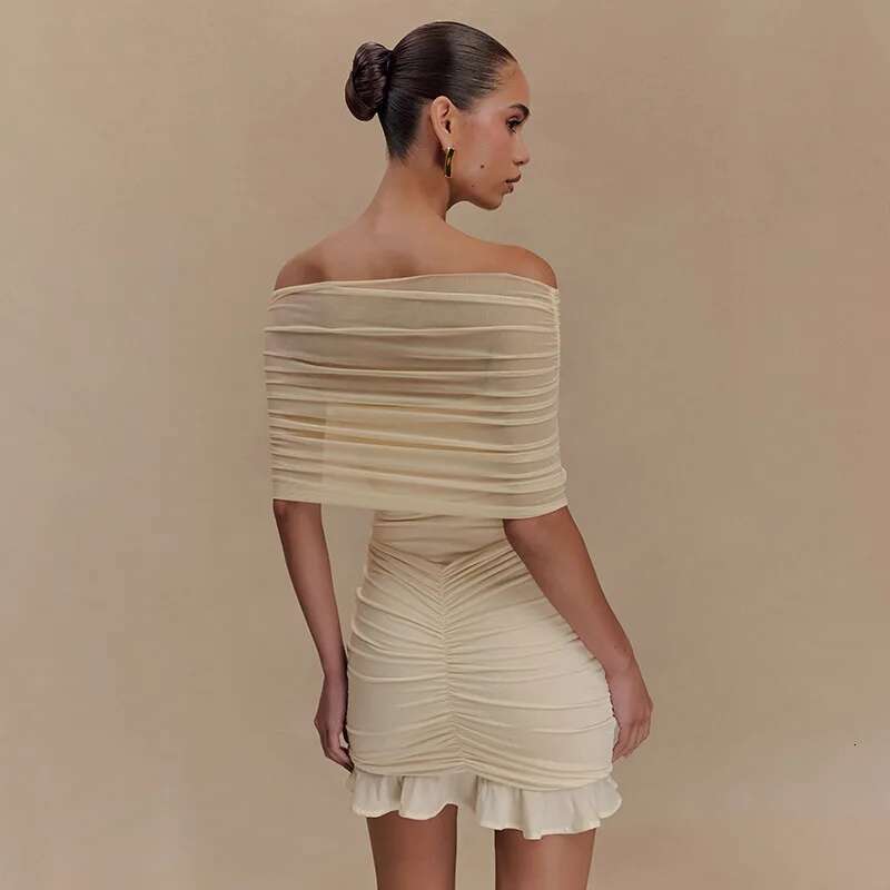 Dongdumaoyi Townlike Mesh Patchwork Slim Bodycon Pleated Dress Women Off Shoulder Mini Spring Summer Nightclub Sexy Party Dresses