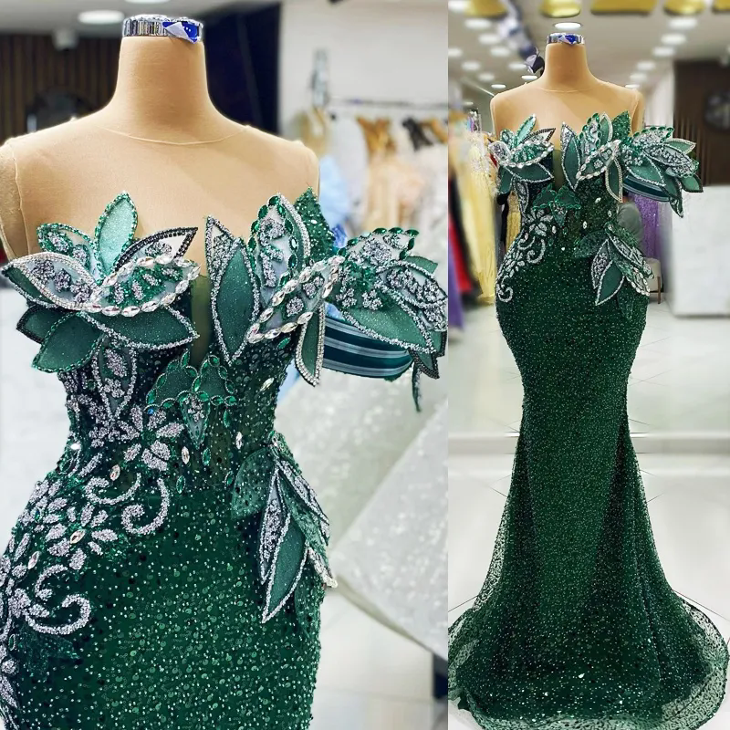Elegant Green Prom Dresses for Black Girls Special Occasions Mermaid Illusion Sheer Neck Sequined Lace Pearls Beaded ASO EBI Birthday Party Evening Gowns N25