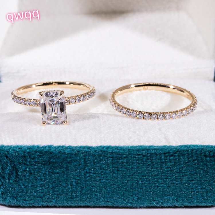 Fashion 2CT Emerald Cut Hidden halo 10K Gold Moissanite Diamond Ring with Eternity Wedding Band Jewelry Set
