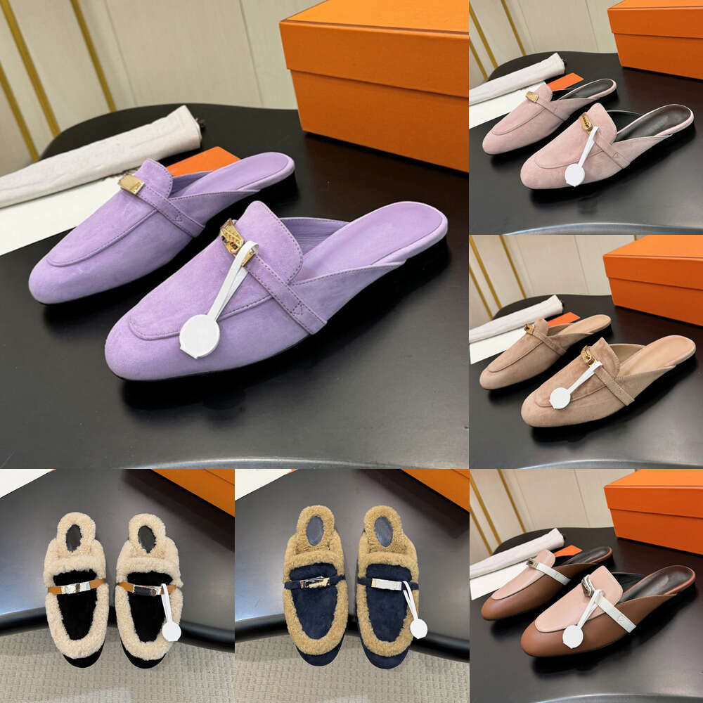 Luxury Designer shoe Woman Fashion Casual Cowhide slipper Classic kelly Buckle mule fur slide Half slipper flat Suede Shearling Lamb Wool Winter Warm fur slipper