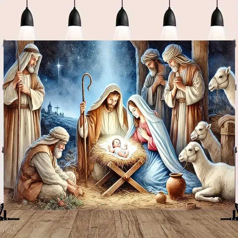 Nativity Scene Starry Night Tapestry Religious Burgh Scene Wall Hanging Traditional Christmas Birthday Room DecorM251125
