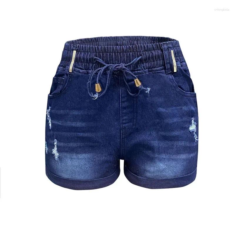 CNLONGBIDA Women's Shorts Women Elasticized Waist Lace-up Denim Summer Casual Slim Three Quarter Pants Fashion Female Rolled Trouser Leg Mini Jea