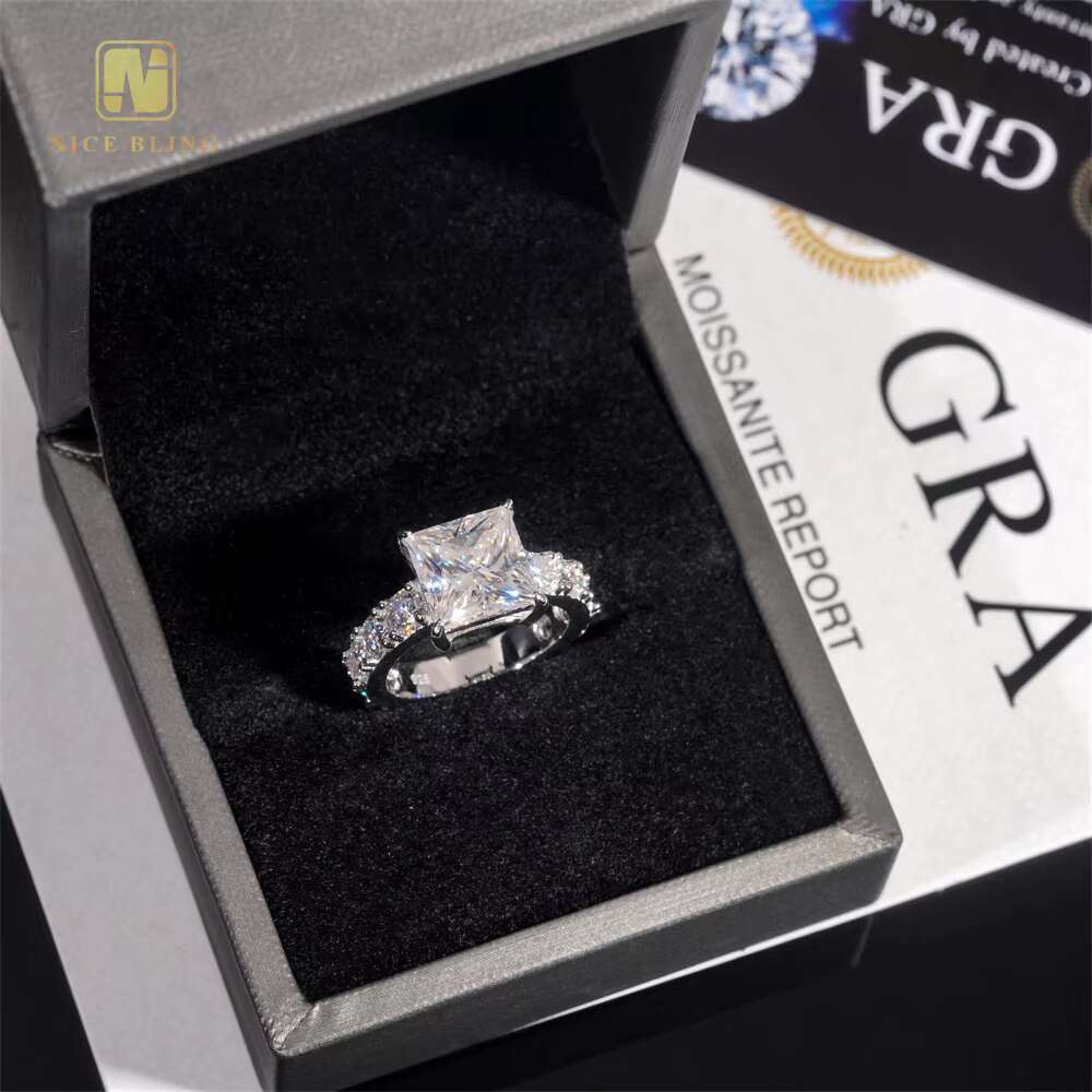 925 GRA Certificate 925 Silver Iced Out Princess Cutting Moissanite Diamond Engagement Wedding Band Solitaire Ring Women Gift
