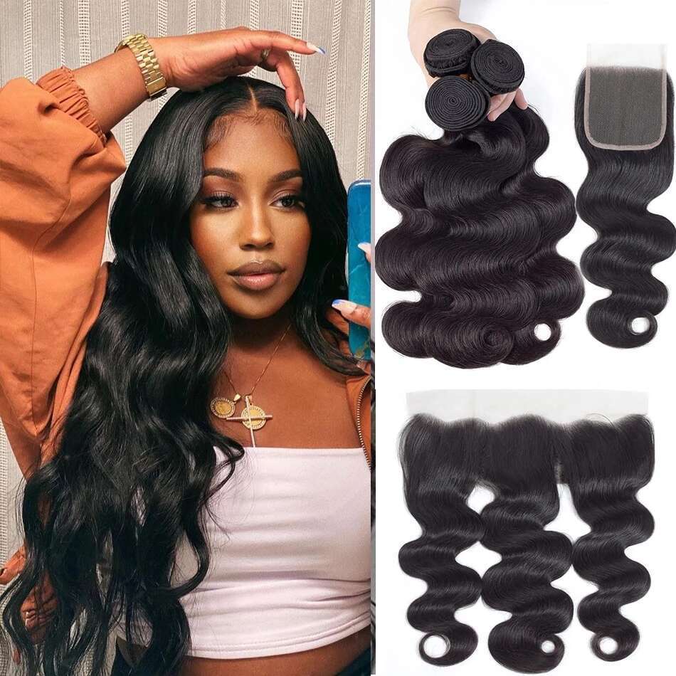 30 Inch Body Wave Lace Frontal Peruvian Bundles With Closure Remy 100% Human Hair Extension