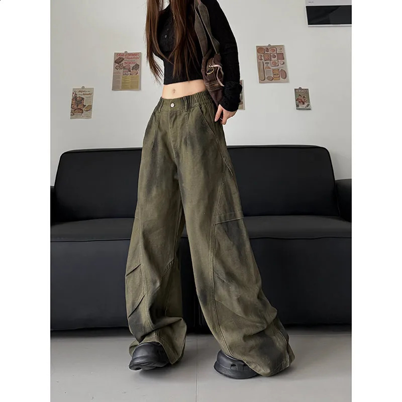 Green retro high waisted womens jeans fashion streetwear wide leg hiphop Y2K style Trouser 2025 pocket 250417