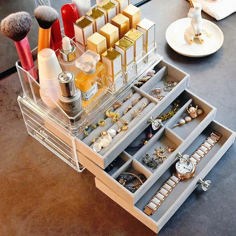 Jewelry Box Organizer Acrylic Velvet with 3 Drawers Stackable Display Earrings Necklace Bracelets Box Holder Case for Women 250424