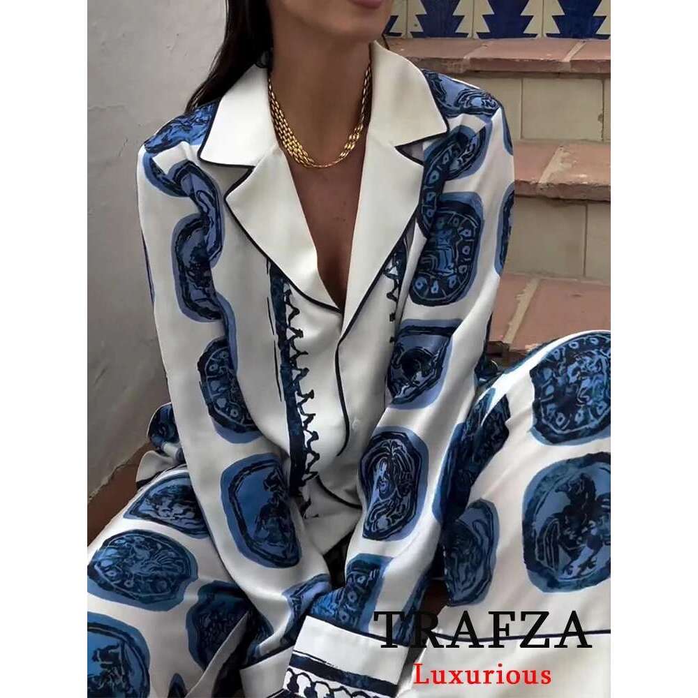 Designer Clothes TRAFZA Vintage Casual Print Suit Single Breasted V Neck Shirts+Loose Wide Leg Long Pants Fashion Autumn Women Sets
