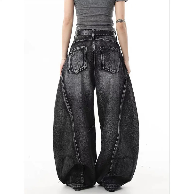 Y2K black graffiti wearing womens jeans high waisted retro straight pocket denim pants American wide leg Trouser 250420