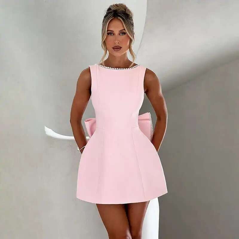 Dongdumaoyi Townlike Bow Pearl Backless Sexy Party Dress Women Mini Summer Elegant Waist Wrap A Line Dresses Vestidos