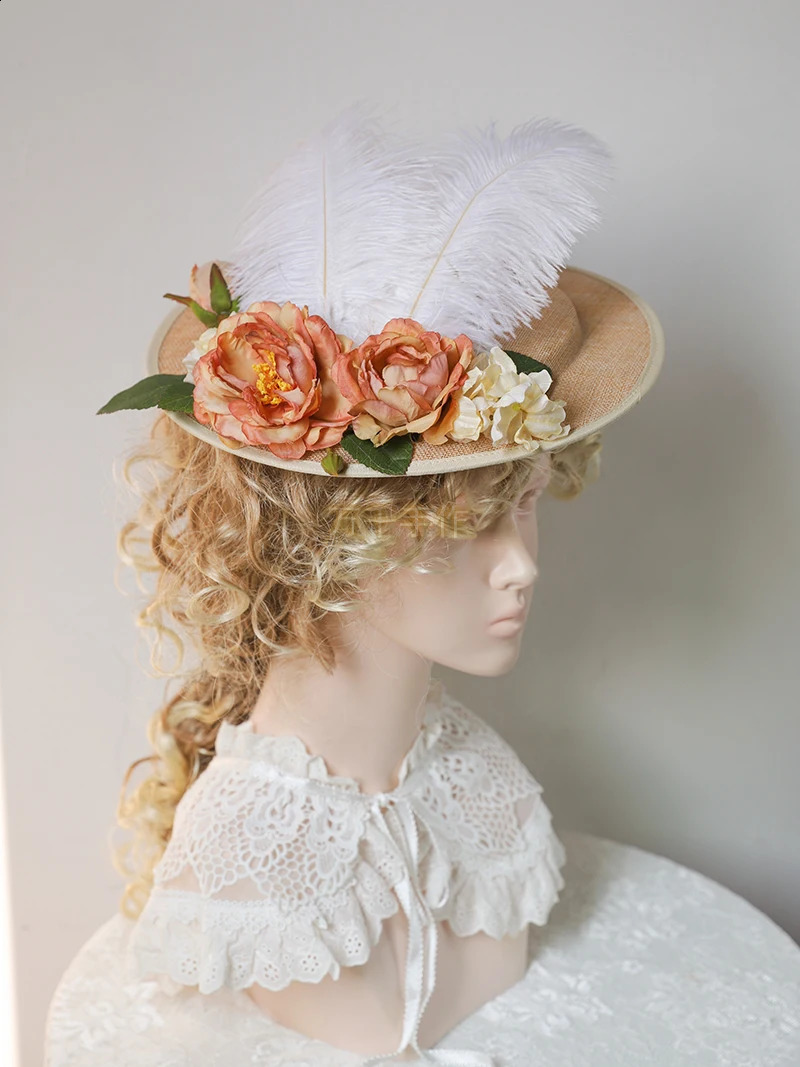 Cosplaydiy Victorian Pastoral Style Bonnet Hat Flower Decor Sunshade Flat Hat Tea Party Flat Cap Lolita Gorgeous Feather Hat 250420
