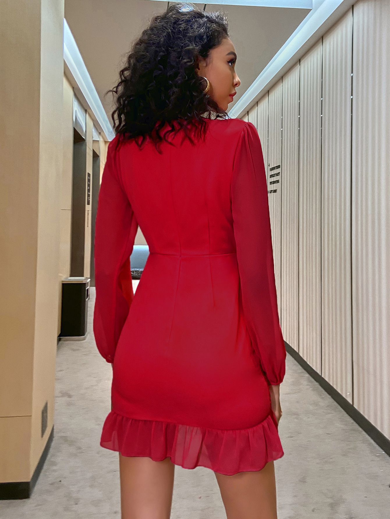 S815Foreign trade cross-border popular women's clothing V-neck long-sleeved dress cross-border sexy multi-color hip-wrapped ruffled short skirt