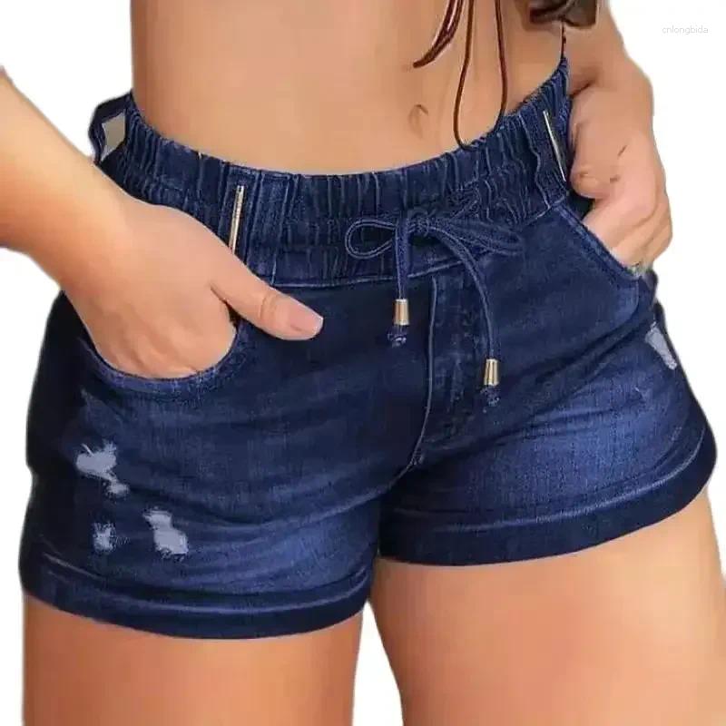 CNLONGBIDA Women's Shorts Women Elasticized Waist Lace-up Denim Summer Casual Slim Three Quarter Pants Fashion Female Rolled Trouser Leg Mini Jea