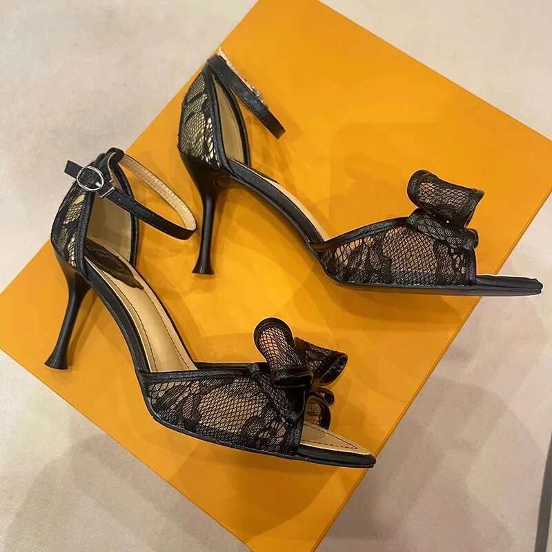 Summer new pointed fish mouth lace mesh bow stilet-heeled high-heeled banquet dress versatile bag-heeled women's sandals