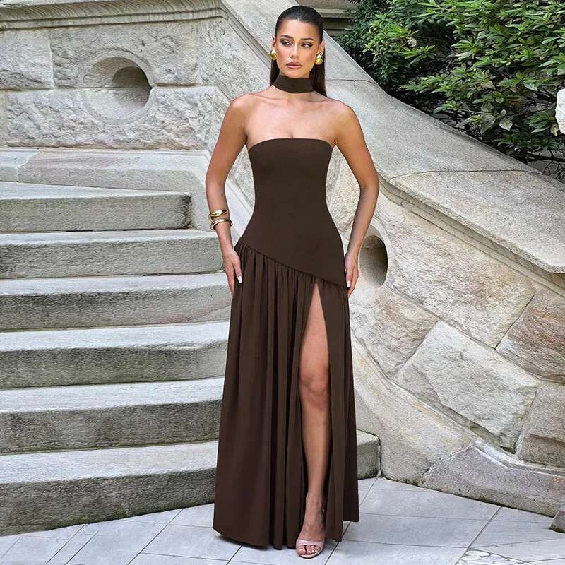 Dongdumaoyi Townlike Maxi Long Dress Pleated A Line Women Spring Summer High Split Backless Nightclub Sexy Party Dresses
