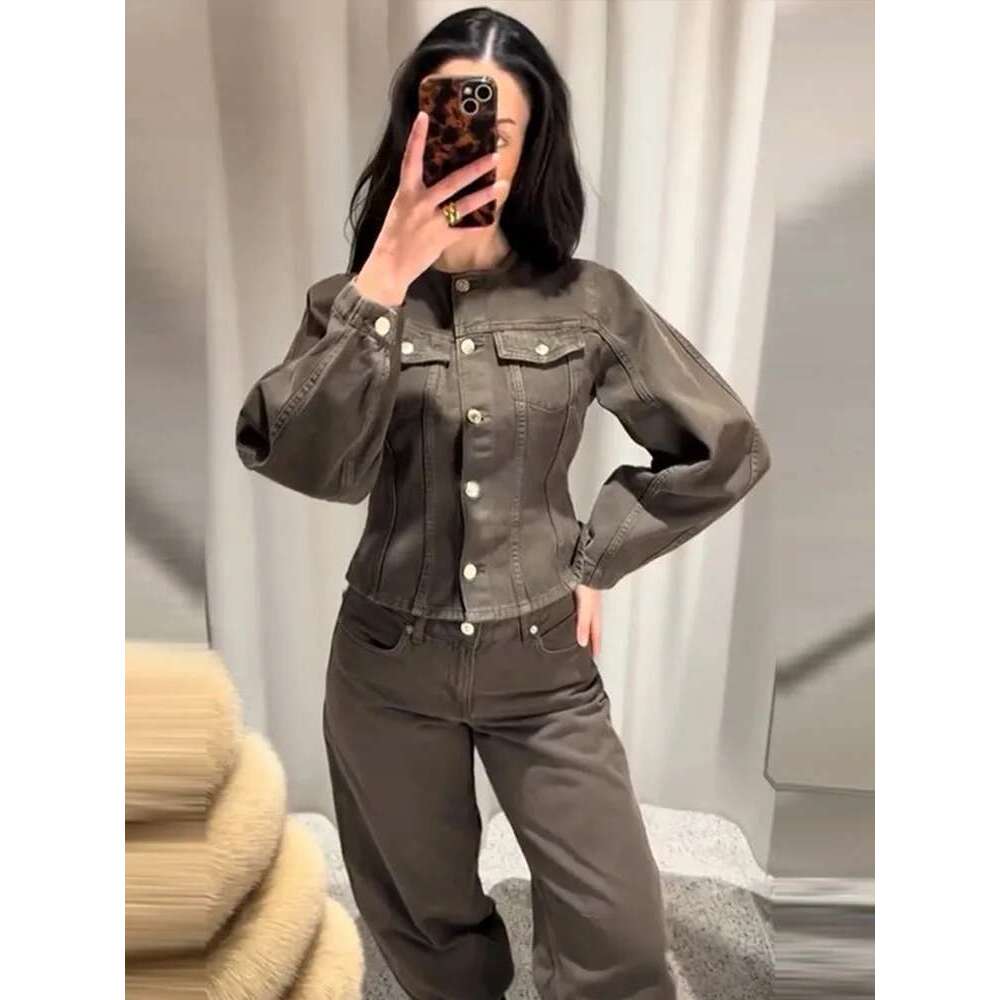 Denim Crop Pants Sets Women Vintage O-Neck Single Breasted Jackat Wide Leg Trousers Suits 2025 Spring Fashion Street Lady Outfit