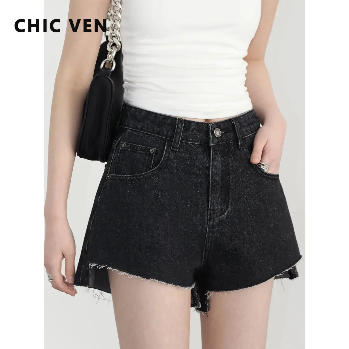 CHIC VEN Womens Shorts Black Solid High Waist Asymmetric Hem Womens Love Fur Edge Denim Shorts Summer 250418