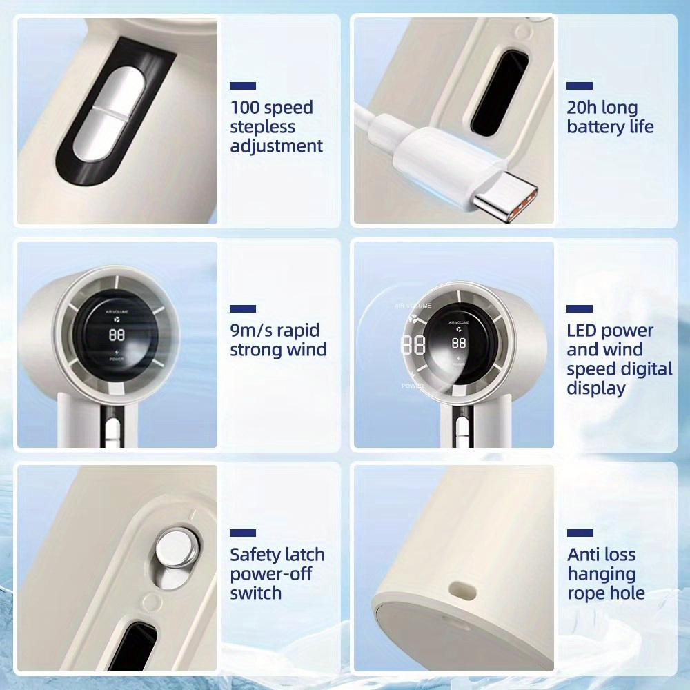 USB Mini Handheld Fan 5-gears Wireless Electric Fan Portable Air Conditioner Rechargeable Desktop Fans Folding Hanging Neck Fan LED Digital Display Fa
