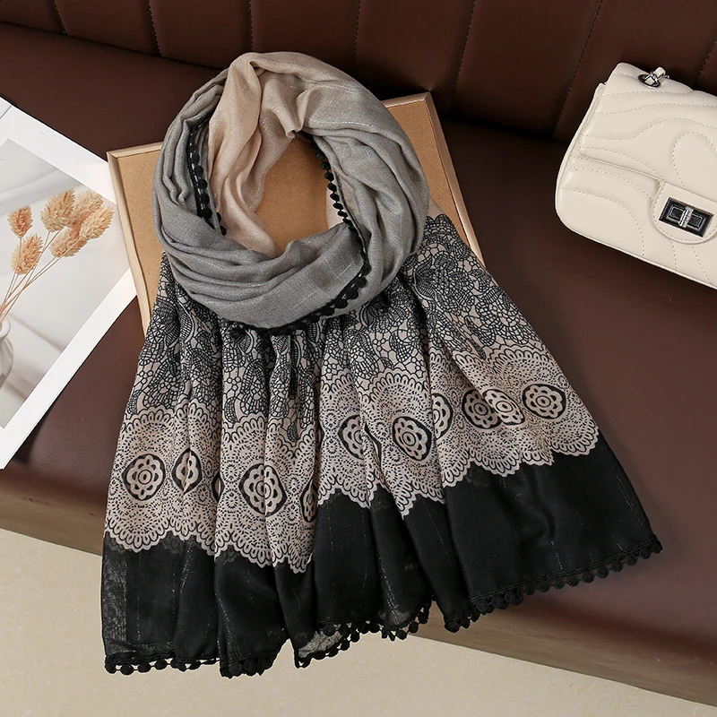 Bright Silk Lace Scarf Gradient Print Viscose Hijab Woman Muslim Hijabs Lady Elegant Long Scarf Femme Headband Shawls 180*90cm 250424