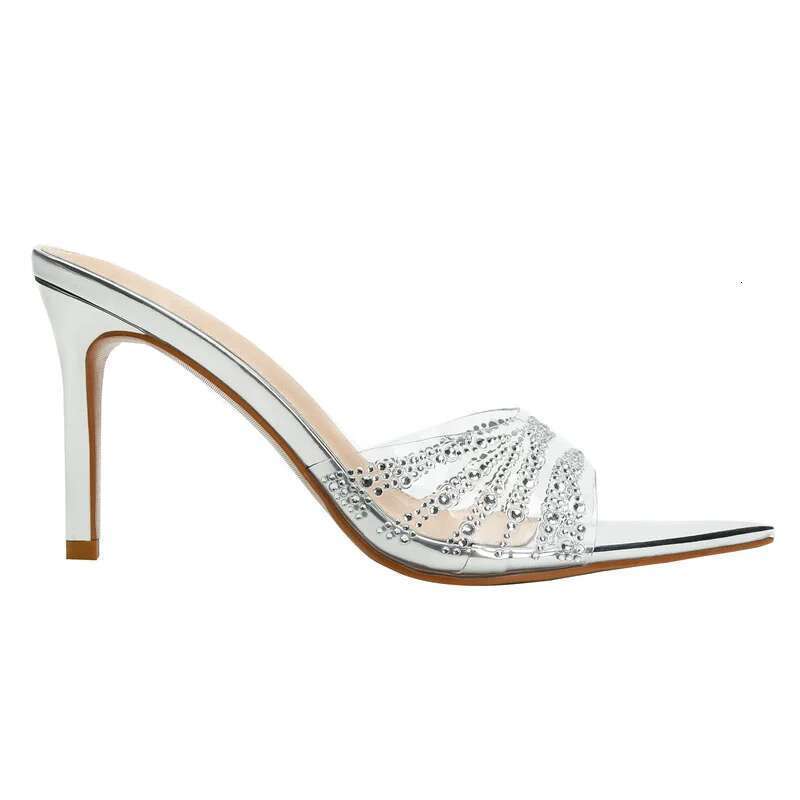 Summer new pointed fish mouth transparent PVC rhinestone fashion slippers thin high-heeled dress large size women's sandals