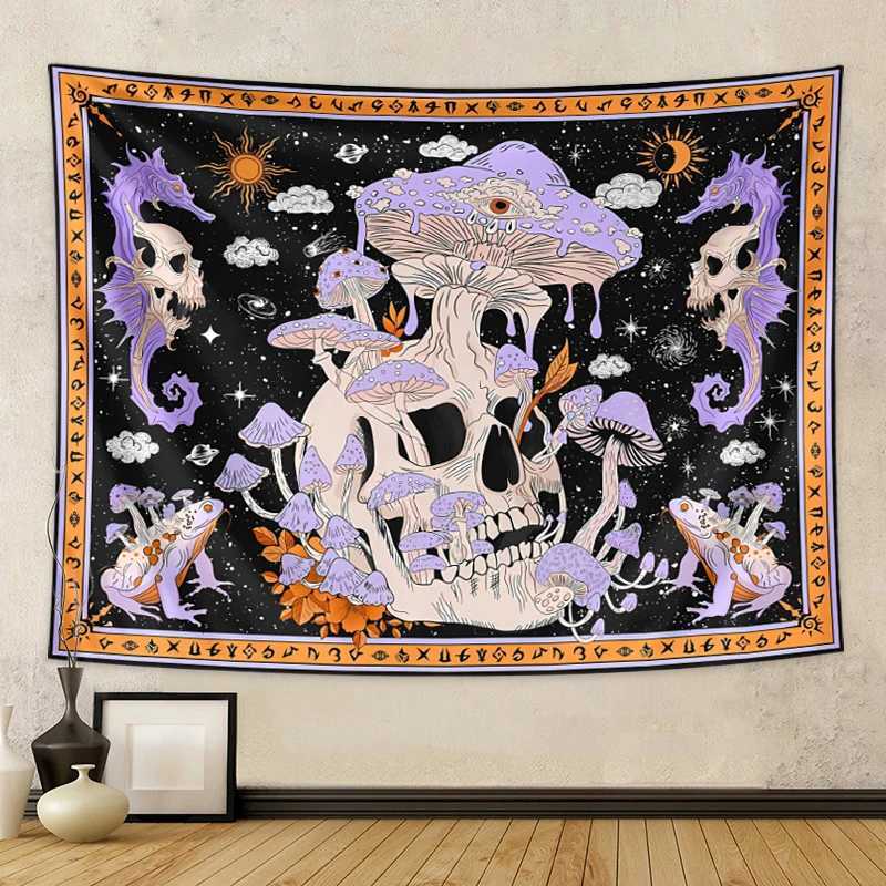 1pc Gothic skull tapestry human skull tapestry moon starry sky mushroom tapestry bedroom and living room aesthetic decorationM251125