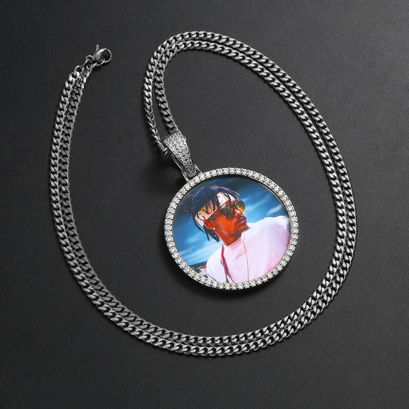 Custom Po Big Size Round Pendant Necklace Personality Mens Cubic Zircon Hip Hop Jewelry 4mm Tennis Chain Gold Silve Gift 250425