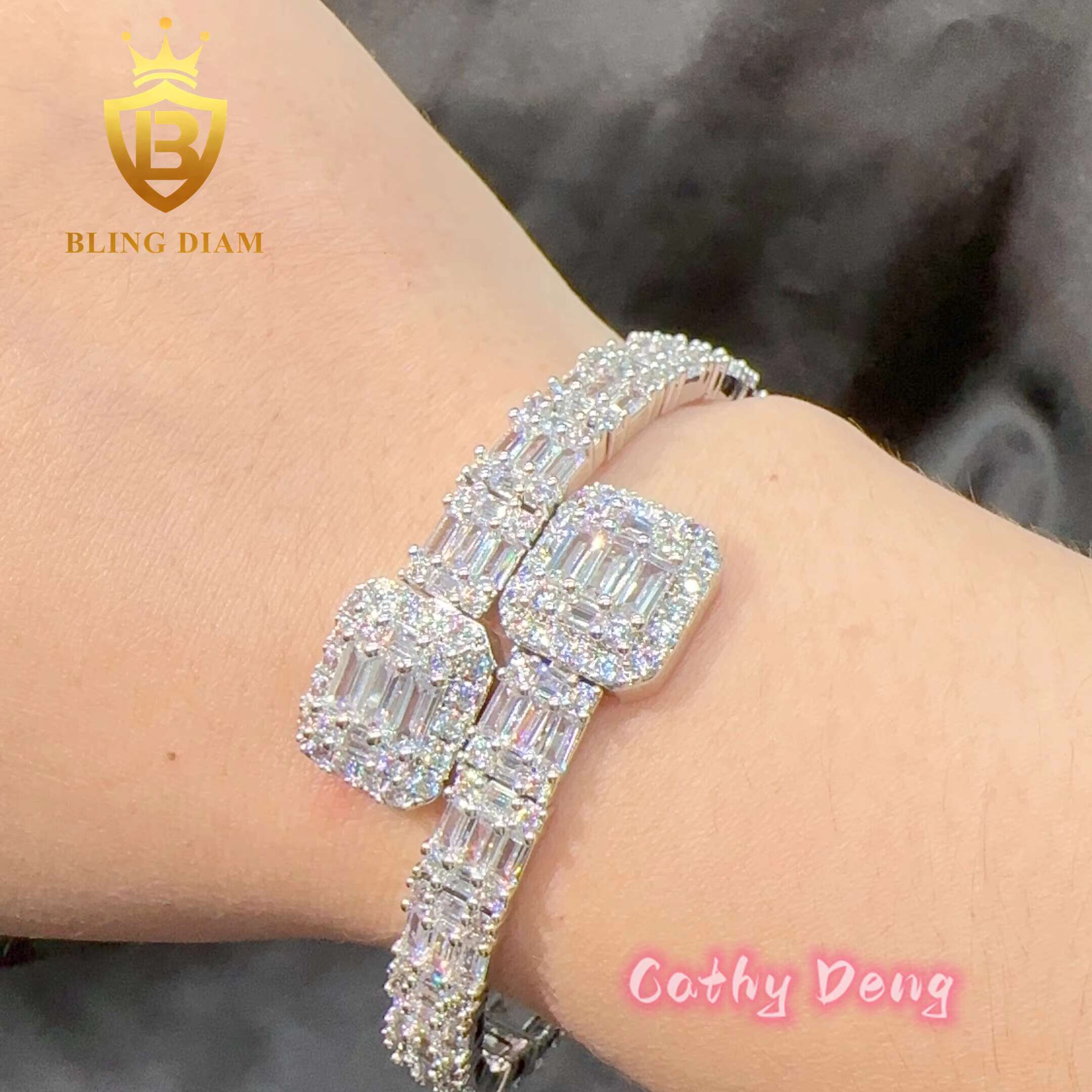 Fashion Cuban Bangle Hip Hop Jewelry Gold Plated Brass Baguette Moissanite Diamond Cuban Link Bracelet Bangles