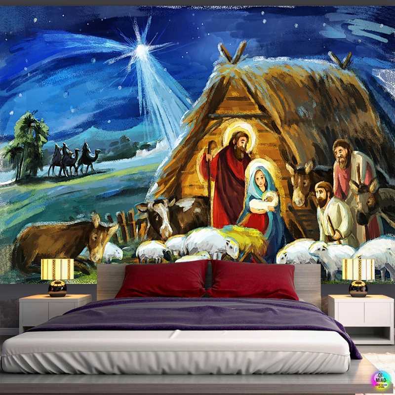 Nativity Scene Tapestry Jesus Birth Manger Barn Wall Hanging Angel Easter Christmas Wall Decor Christ Tapestries Room DecorationM251125