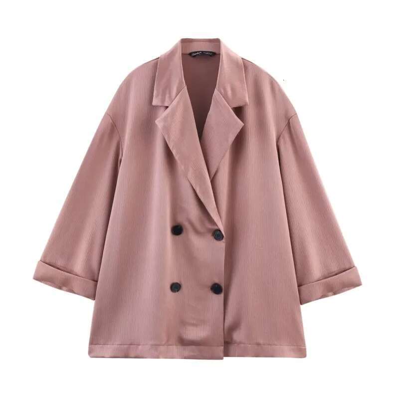 Bark Wrinkling Effect 2-Piece Pama Style Double Breasted Satin Sports Shirt High Waisted Long Pants Set