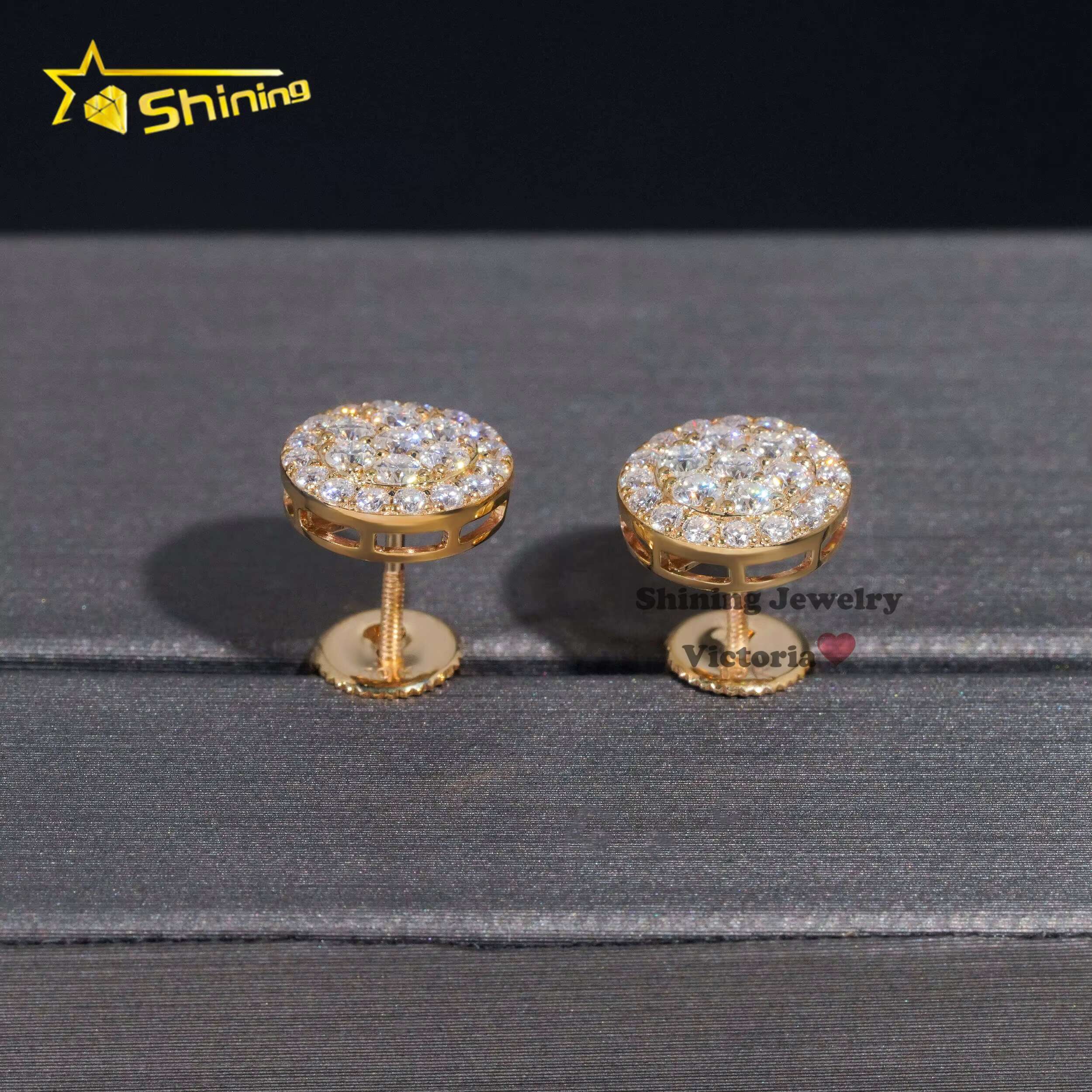 New Arrival Hip Hop Cluster Diamond 10MM Round Shape Screw Back 10K Real Gold Moissanite Stud Earrings