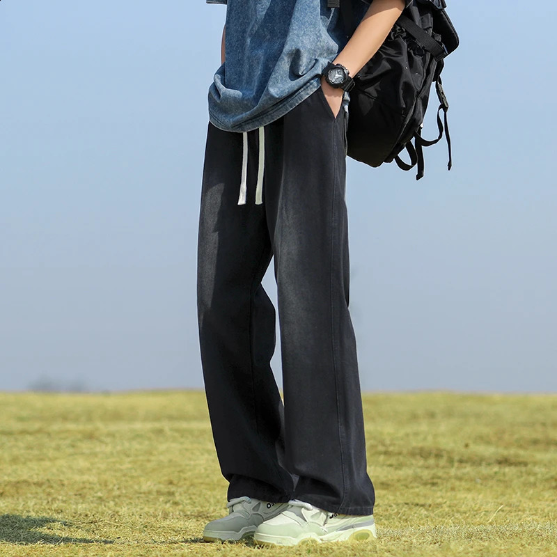Homme Classic Baggy Drawstring Wide Leg Pants Korean Elastic Waist Simple Y2K Jeans 2024 Hip Hop Casual Lace Mens 250409