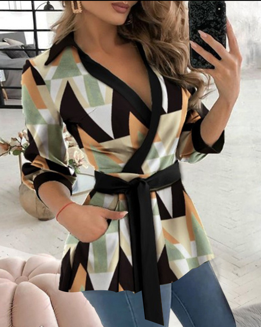 2023 Autumn New Printed Long Sleeve V-neck Belt Shirt for Women