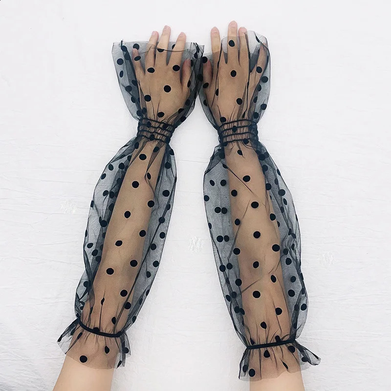 Summer Women White Black Dot Lace Long Tulle Arm Sleeve Gloves Sexy Anti-UV Mesh Cycling Driving Gloves Arm Cover Gloves 250424