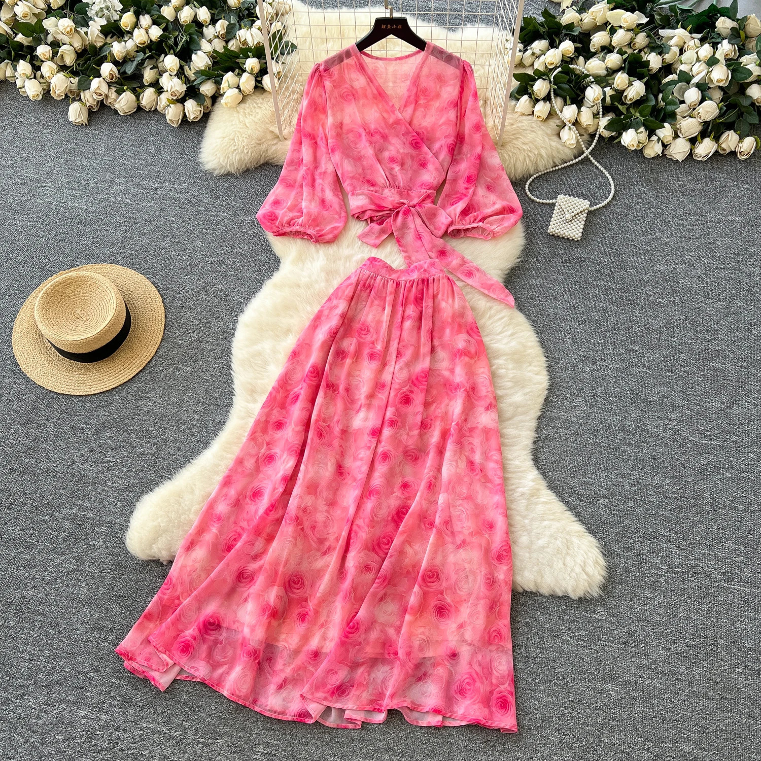 Elegant plaid sleep chiffon beach vacation vest dress ultra-thin womens evening dress party summer clothing two-piece set 250422