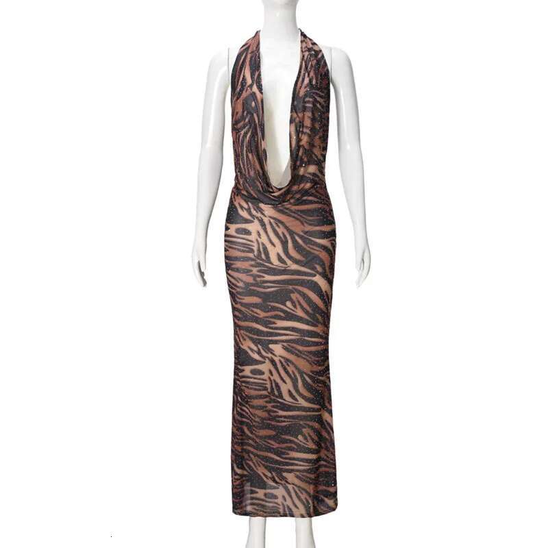 Dongdumaoyi Townlike Deep V Neck Diamonds Sexy Party Dress Women Halter Spring Summer Vortex Print Slim Bodycon Maxi Long Dresses