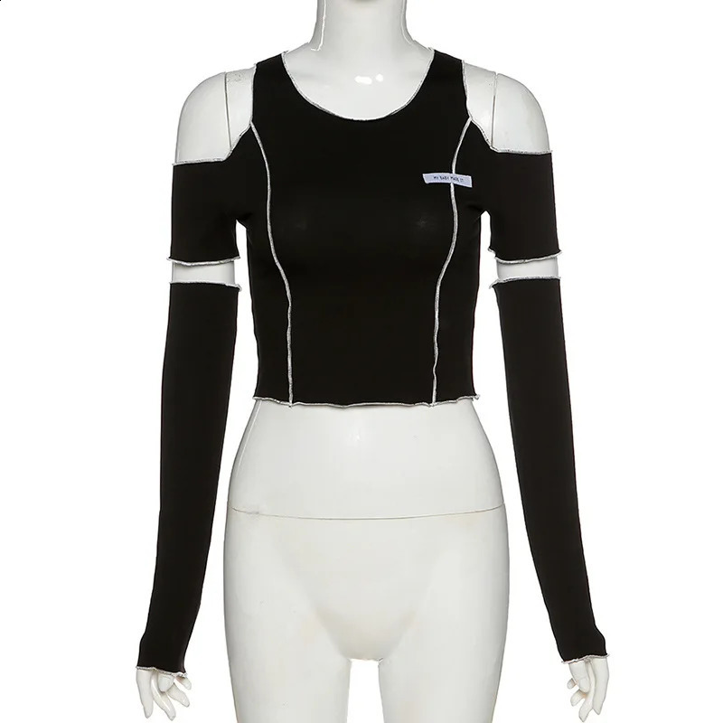 Splicing black Tshirt Gothic Y2k crop top with ruffled hem hiphop Techwear womens 250415