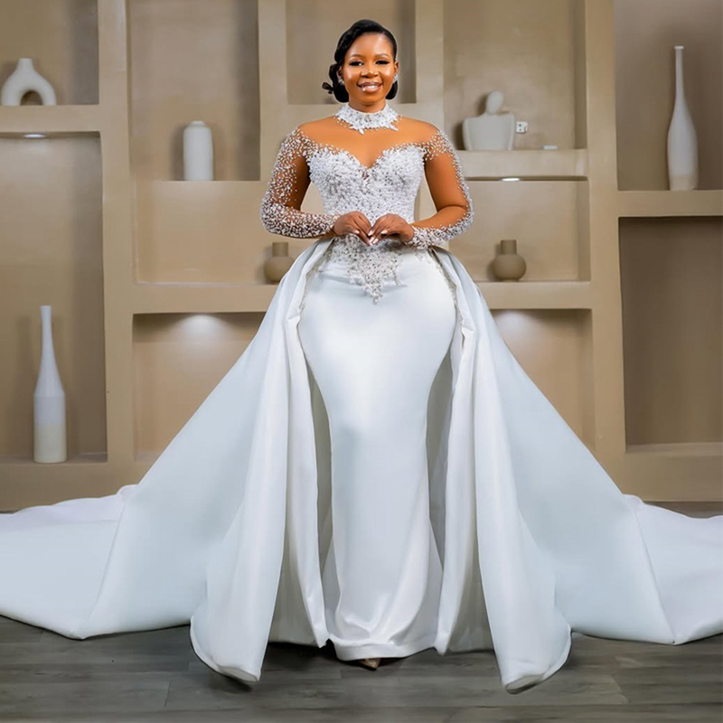 2024 Plus Size African Mermaid Wedding Dress Bridal Gowns For Bride Illusion Detachable Train High Neck Beaded Lace Rhinestones Wedding Gowns For Blac