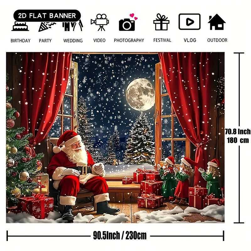 Santa Claus Christmas Tree Tapestry Moonlit Night with Red Curtains and GiftsFestive Wall Art for Holiday Home and Party DecorM251125