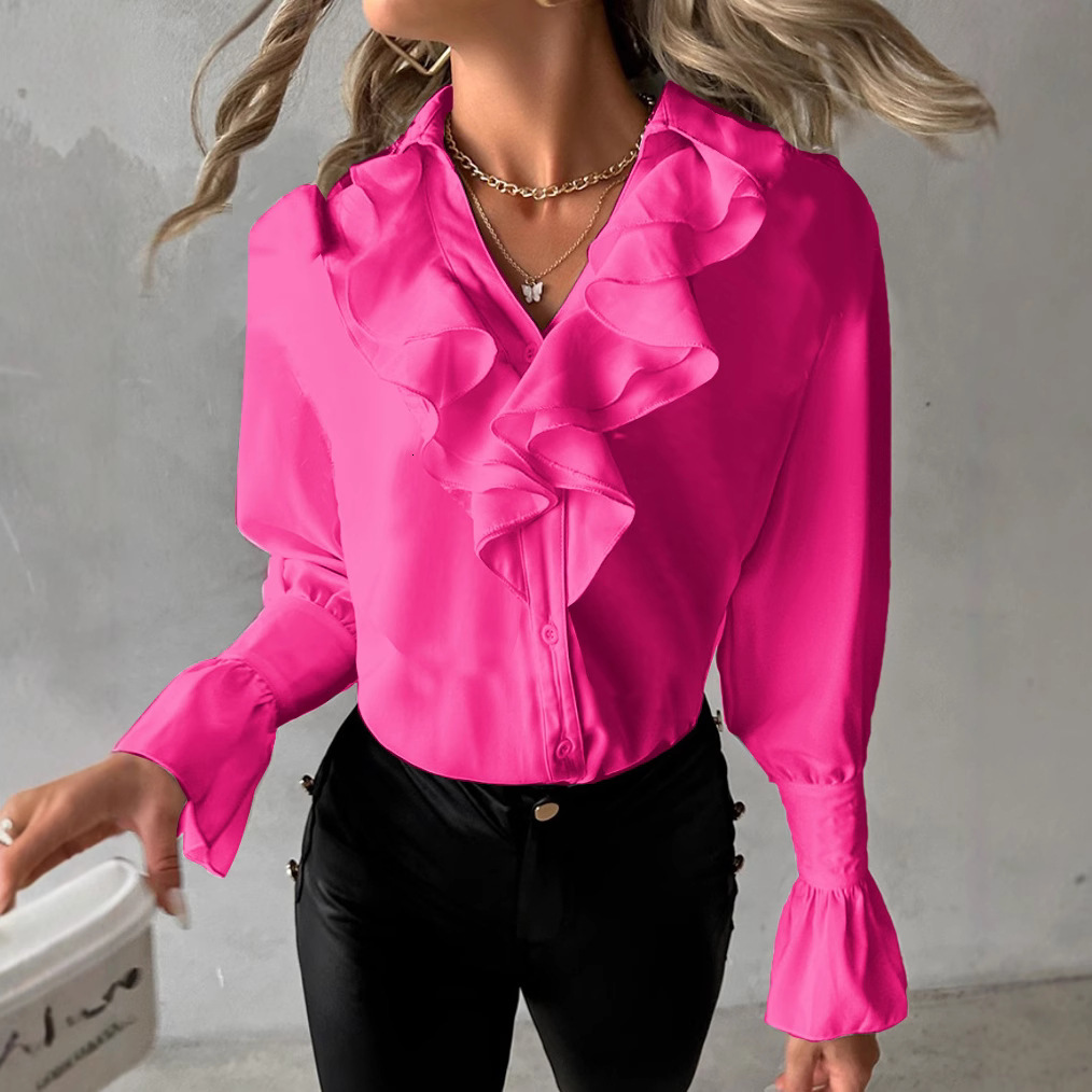 2023 autumn fashion ruffled long sleeved V-neck solid color womens shirt