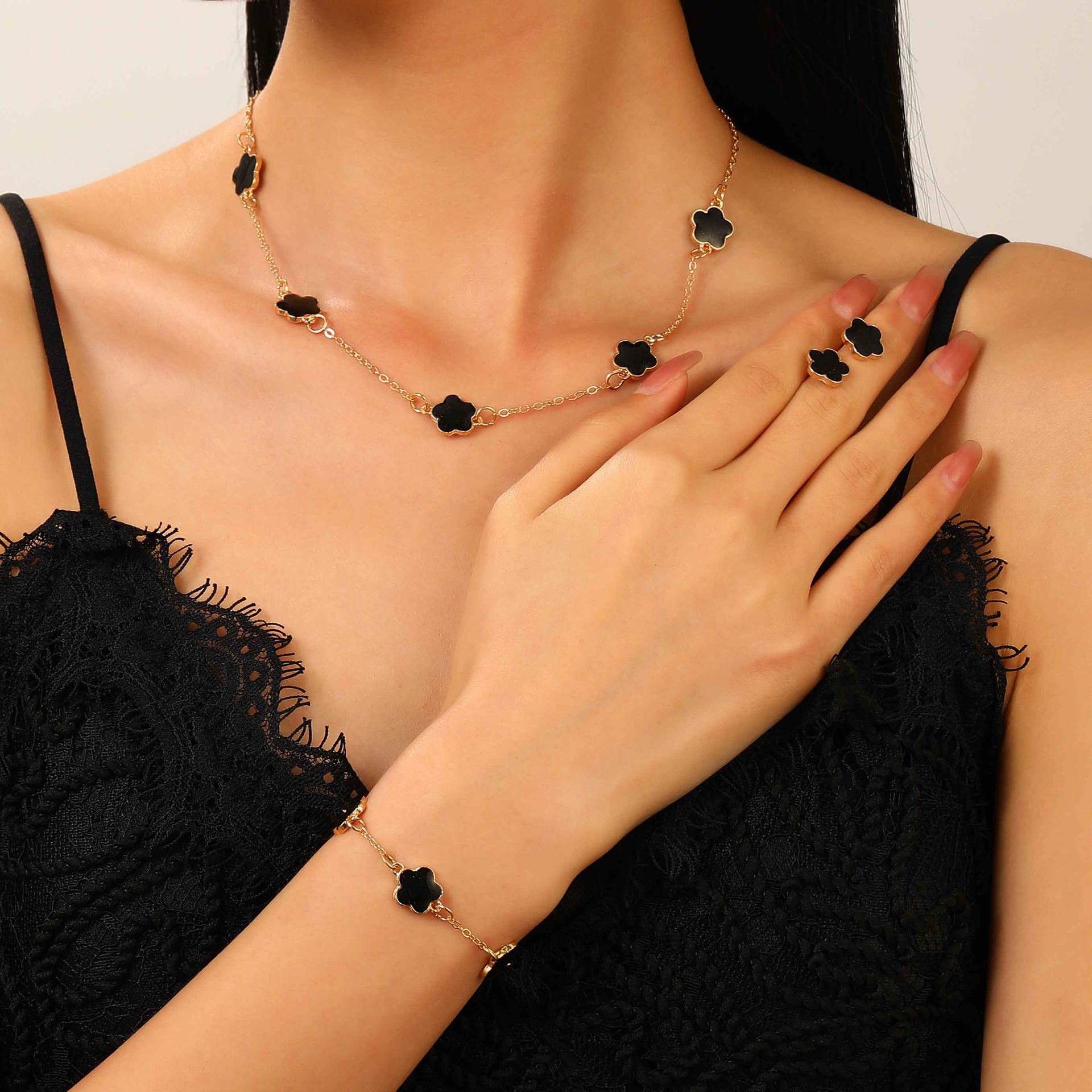 Chic Floral Accents - Complete Matching Bracelet/Necklace with Delicate Five Petal Design