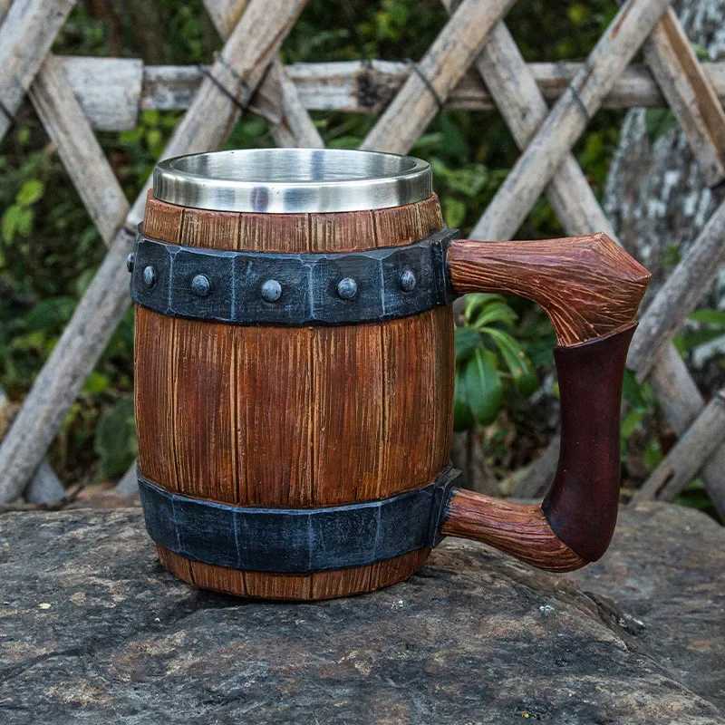 Viking Retro Beer Mug Resin 304 Stainless Steel Imitation Wood Coffee Cup Double Wall Mug Beer Jug Water Cup Barware Mens Gift Y251125